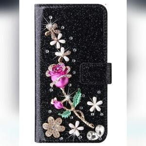 Samsung Galaxy S24 Ultra, Floral Glitter Phone Case - Black